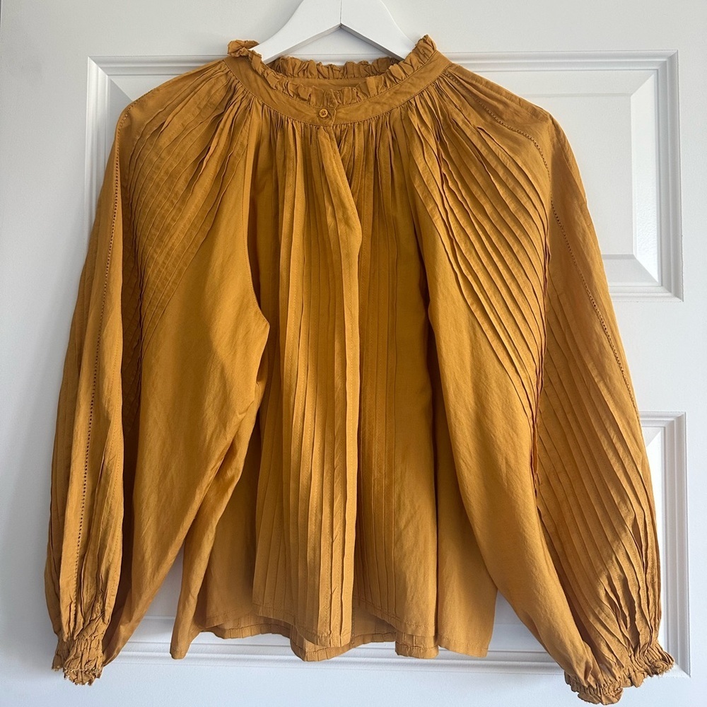 THE GREAT. Mustard Yellow Pleated Long-Sleeve Blouse